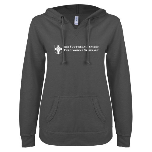 ENZA Womens Dark Heather V Notch Raw Edge Fleece Hoodie-Primary Mark