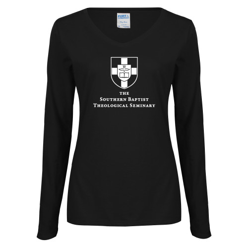 Womens Black Long Sleeve V Neck Tee -Primary Mark Vertical