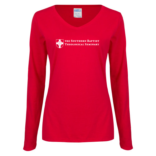 Womens Red Long Sleeve V Neck Tee-Primary Mark