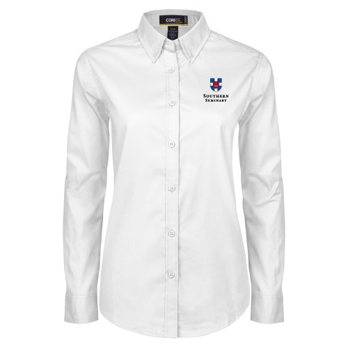 Womens White Twill Button Down Long Sleeve-Southern Seminary Vertical