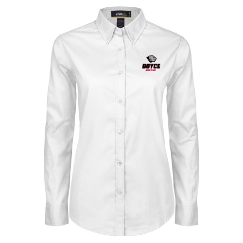 Womens White Twill Button Down Long Sleeve-Soccer