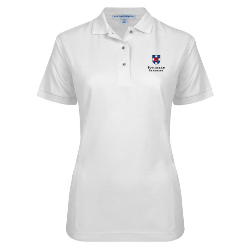 Womens Silk Touch White Pique Polo-Southern Seminary Vertical