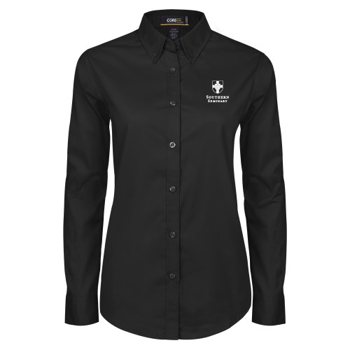 Womens Black Twill Button Down Long Sleeve -Southern Seminary Vertical