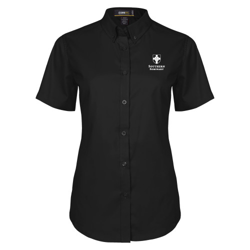 Womens Black Twill Button Up Short Sleeve-Southern Seminary Vertical