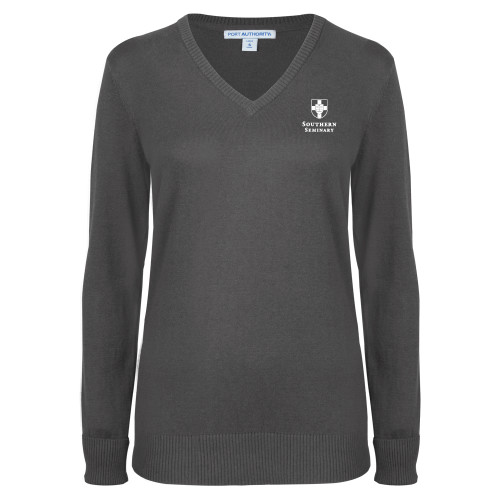 Womens Charcoal Heather VNeck Sweater-Southern Seminary Vertical