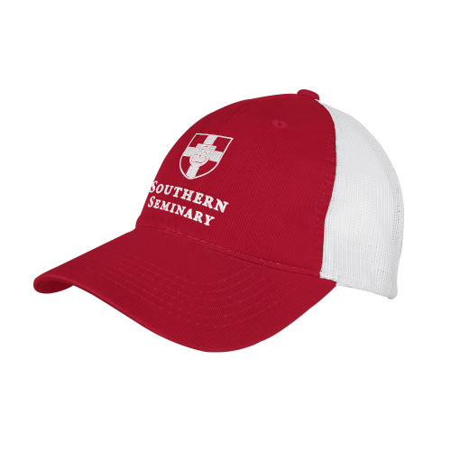 Red/White Mesh Back Unstructured Low Profile Hat-Southern Seminary Vertical