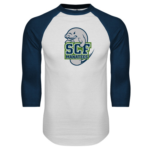  White/Navy Raglan Baseball T Shirt - SCF Manatees