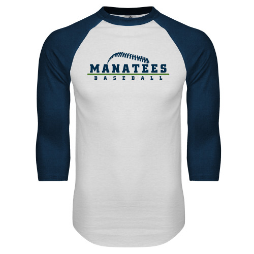  White/Navy Raglan Baseball T Shirt - Manatees Baseball