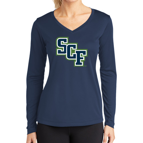  Womens Navy Performance Long Sleeve V Neck Shirt - SCF