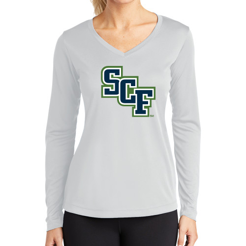  Womens White Performance Long Sleeve V Neck Shirt - SCF