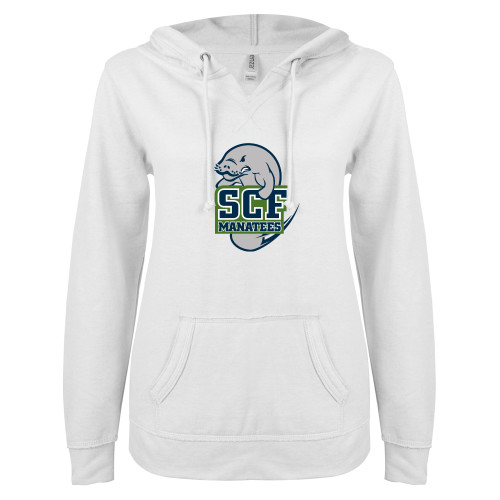  ENZA Womens White V Notch Raw Edge Fleece Hoodie - SCF Manatees