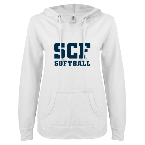  ENZA Womens White V Notch Raw Edge Fleece Hoodie - SCF - Softball