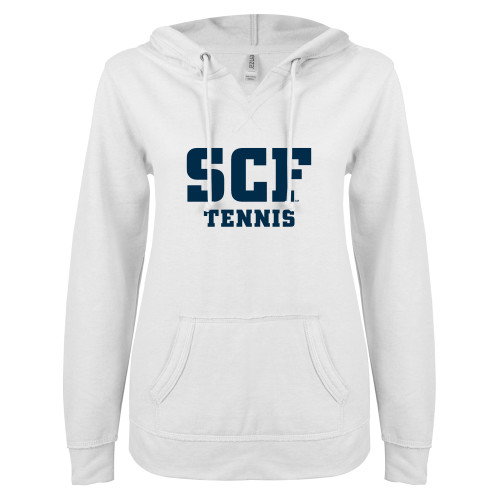  ENZA Womens White V Notch Raw Edge Fleece Hoodie - SCF - Tennis