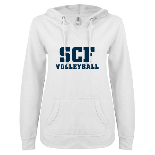  ENZA Womens White V Notch Raw Edge Fleece Hoodie - SCF - Volleyball