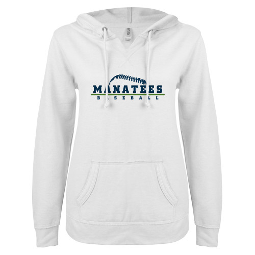  ENZA Womens White V Notch Raw Edge Fleece Hoodie - Manatees Baseball