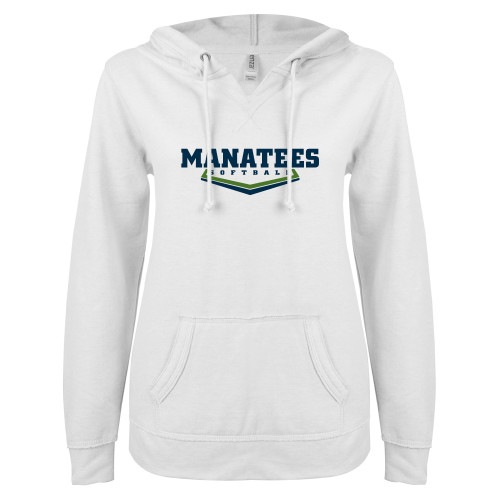  ENZA Womens White V Notch Raw Edge Fleece Hoodie - Manatees Softball
