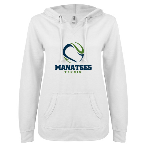  ENZA Womens White V Notch Raw Edge Fleece Hoodie - Manatees Tennis