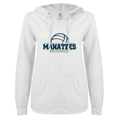  ENZA Womens White V Notch Raw Edge Fleece Hoodie - Manatees Volleyball
