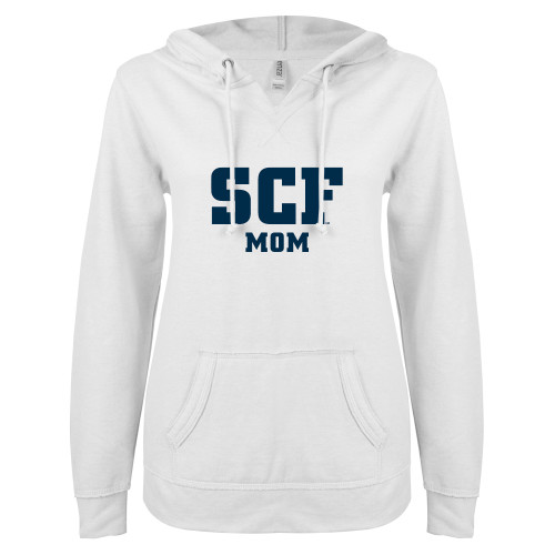  ENZA Womens White V Notch Raw Edge Fleece Hoodie - SCF - Mom