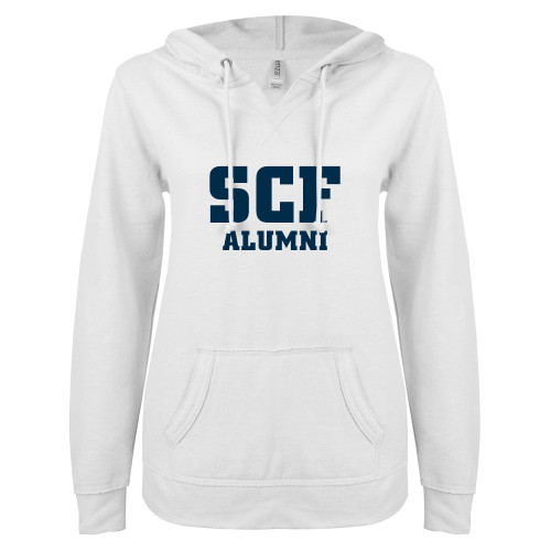  ENZA Womens White V Notch Raw Edge Fleece Hoodie - SCF - Alumni
