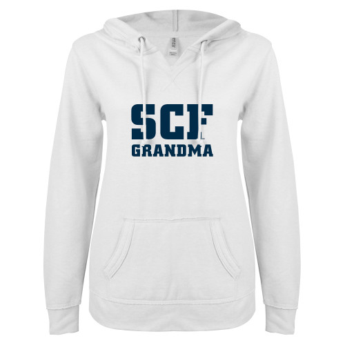 ENZA Womens White V Notch Raw Edge Fleece Hoodie - SCF - Grandma