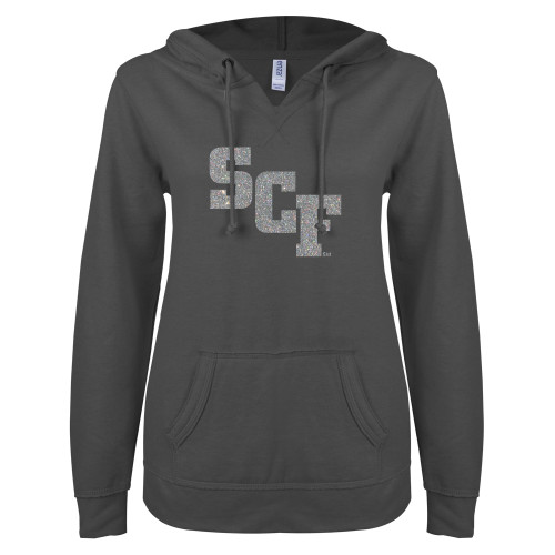  ENZA Womens Dark Heather V Notch Raw Edge Fleece Hoodie - SCF Silver Soft Glitter