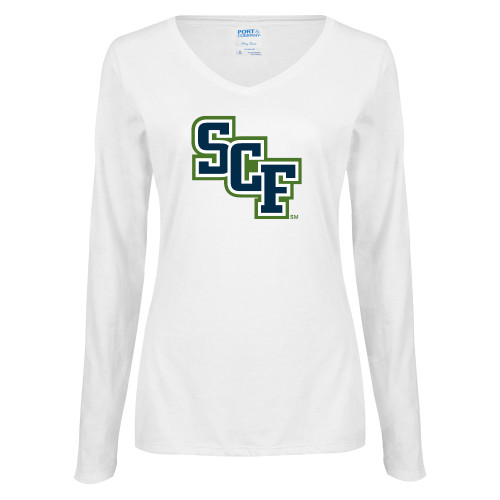  Womens White Long Sleeve V Neck Tee - SCF