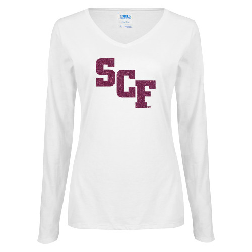  Womens White Long Sleeve V Neck Tee - SCF Pink Glitter