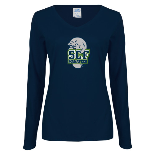  Womens Navy Long Sleeve V Neck Tee - SCF Manatees