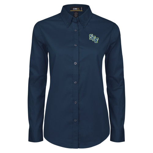  Womens Navy Twill Button Down Long Sleeve  - SCF