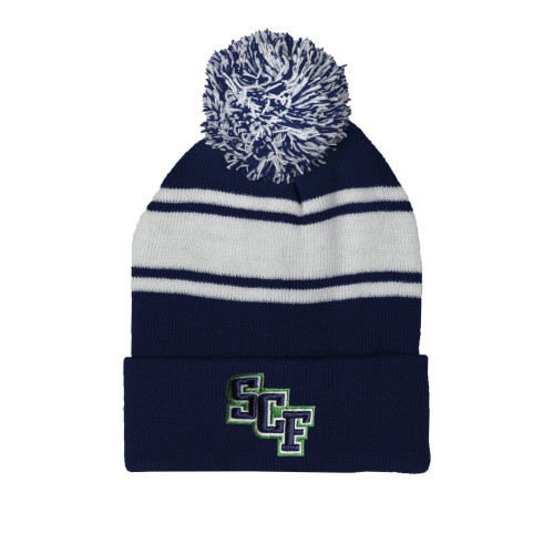  Navy/White Two Tone Knit Pom Beanie w/Cuff - SCF