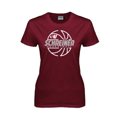  Womens Maroon Short Sleeve Tee - Basketball Design