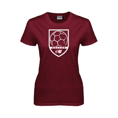  Womens Maroon Short Sleeve Tee - Soccer Design