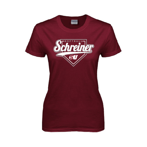 Womens Maroon Short Sleeve Tee - Softball Design