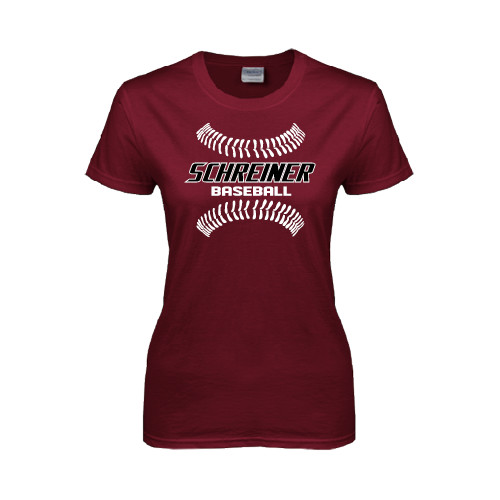  Womens Maroon Short Sleeve Tee - Baseball Design