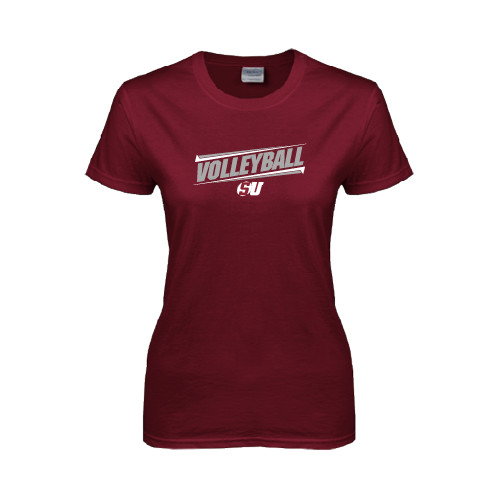  Womens Maroon Short Sleeve Tee - Volleyball Design