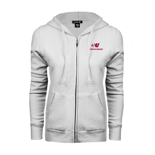  ENZA Womens White Fleece Full Zip Hoodie - SU Mountaineers