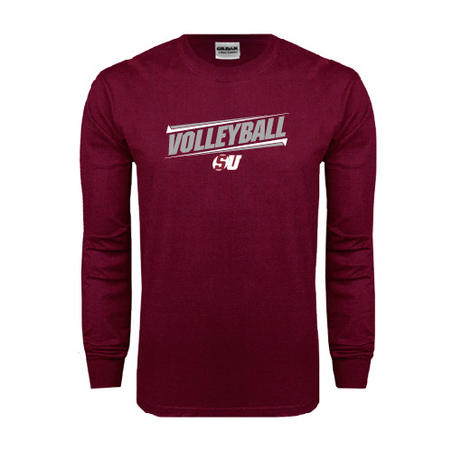  Maroon Long Sleeve T-Shirt - Volleyball Design