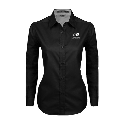  Womens Black Twill Button Down Long Sleeve  - Official Logo