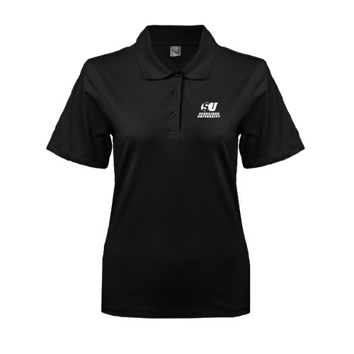  Womens Silk Touch Black Pique Polo - Official Logo