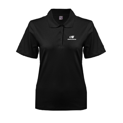  Womens Silk Touch Black Pique Polo - SU Mountaineers