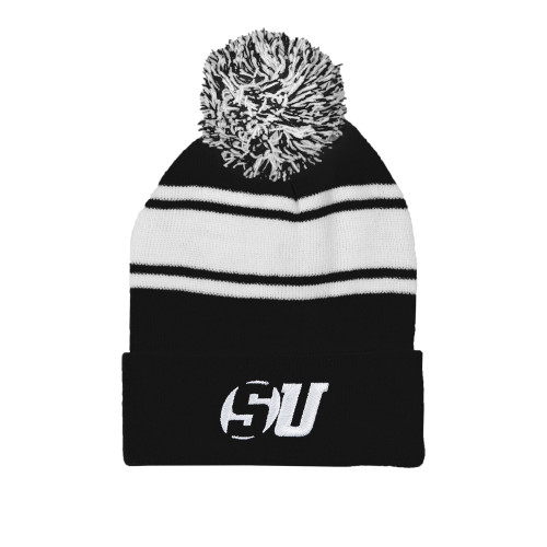  Black/White Two Tone Knit Pom Beanie w/Cuff - SU