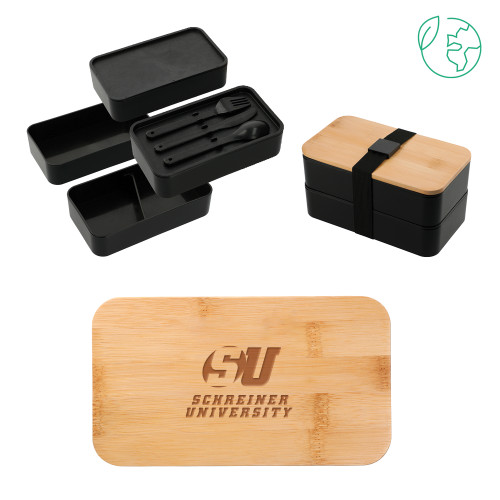  Stackable Bamboo Fiber Black Bento Box - Official Logo Engrave