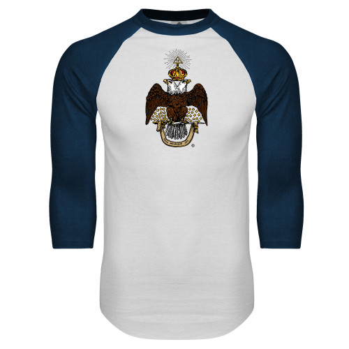  White/Navy Raglan Baseball T Shirt - 33 Deus Meumque Jus
