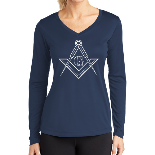  Womens Navy Performance Long Sleeve V Neck Shirt - G Compass Logo
