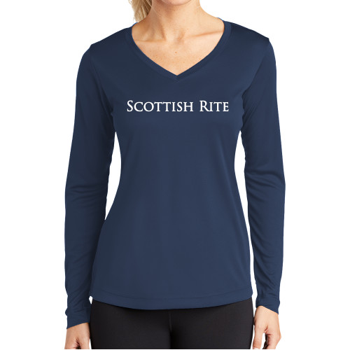  Womens Navy Performance Long Sleeve V Neck Shirt - Scottish Rite Wordmark