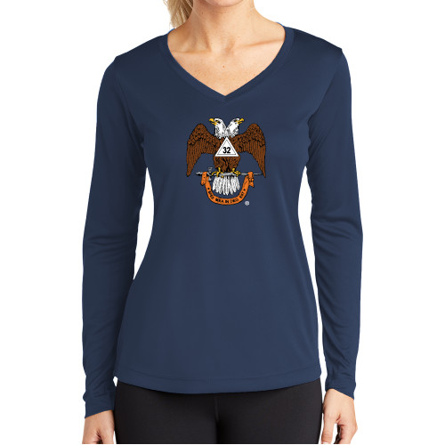  Womens Navy Performance Long Sleeve V Neck Shirt - 32 Spes Mea in Deo