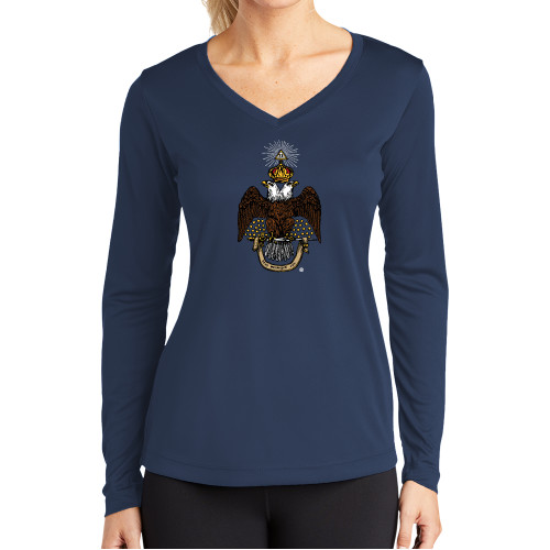  Womens Navy Performance Long Sleeve V Neck Shirt - 33 Deus Meumque Jus