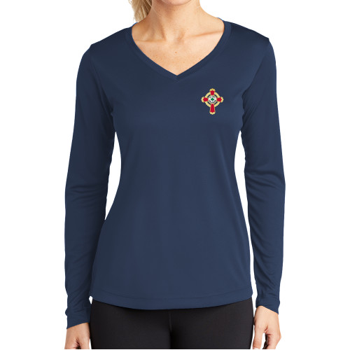  Womens Navy Performance Long Sleeve V Neck Shirt - Court of Honour