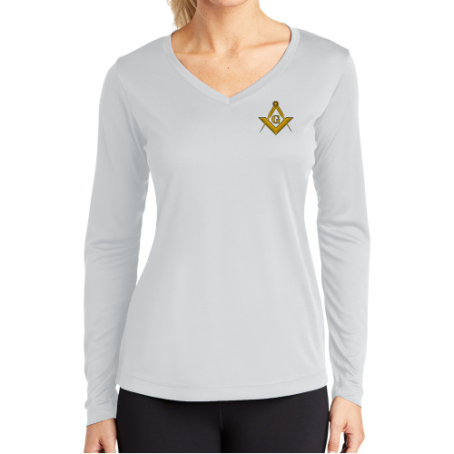  Womens White Performance Long Sleeve V Neck Shirt - G Compass Logo